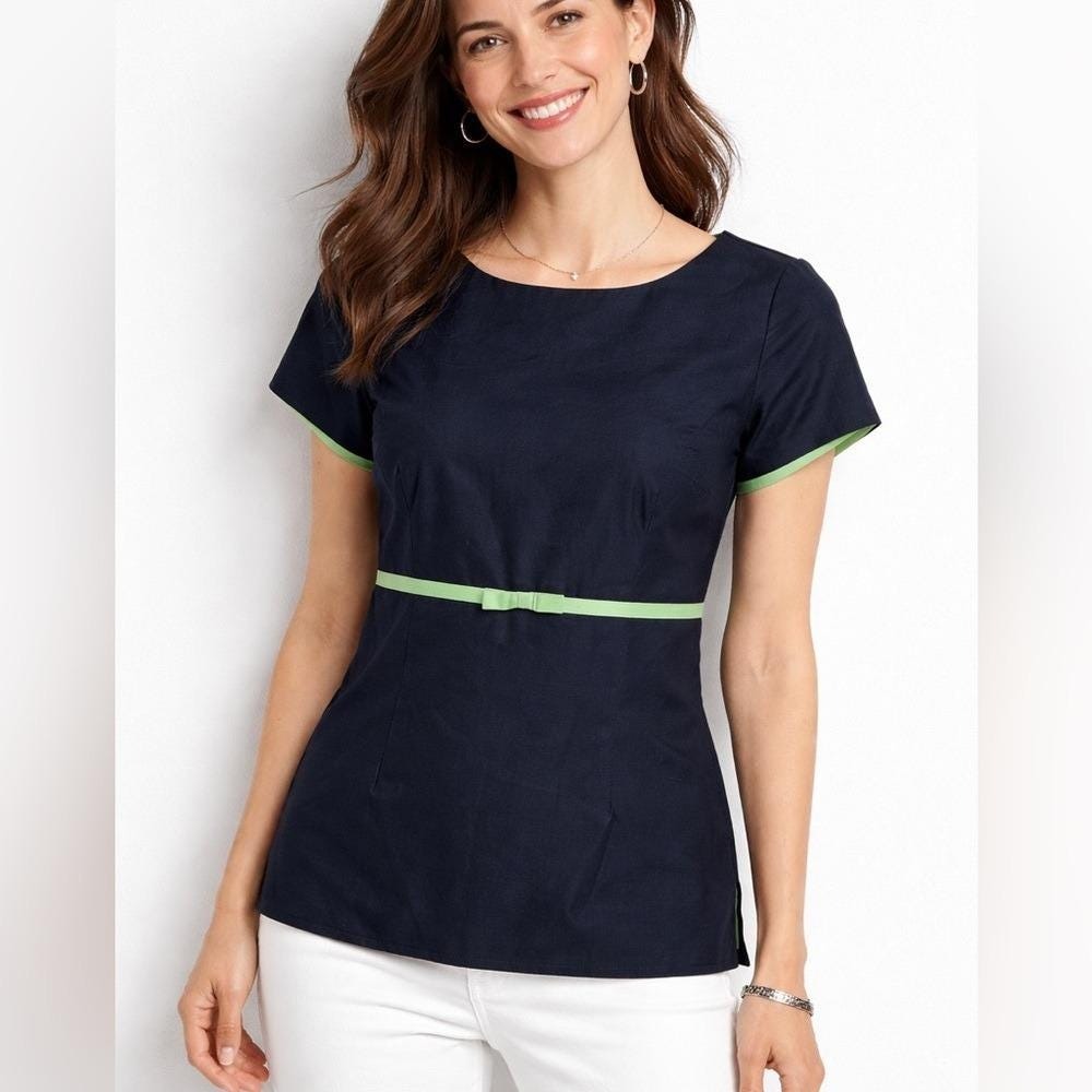 Talbots Pure Silk Blouse Women 6P Black Green Bow‎ Accent Short Sleeve Top